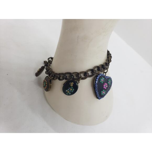 Puffy Heart Charm Bracelet Brass Tone Enamel Decor Teardrop 7 Locket Charms - Picture 4 of 14